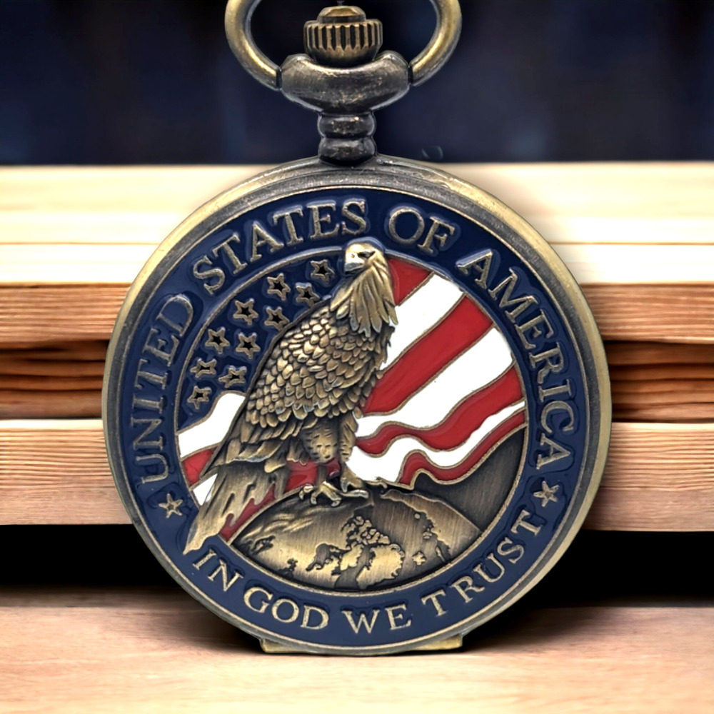 Eagle and Flag Patriot Pocket Watch Patriotic Vintage Bronze Finish America Gift